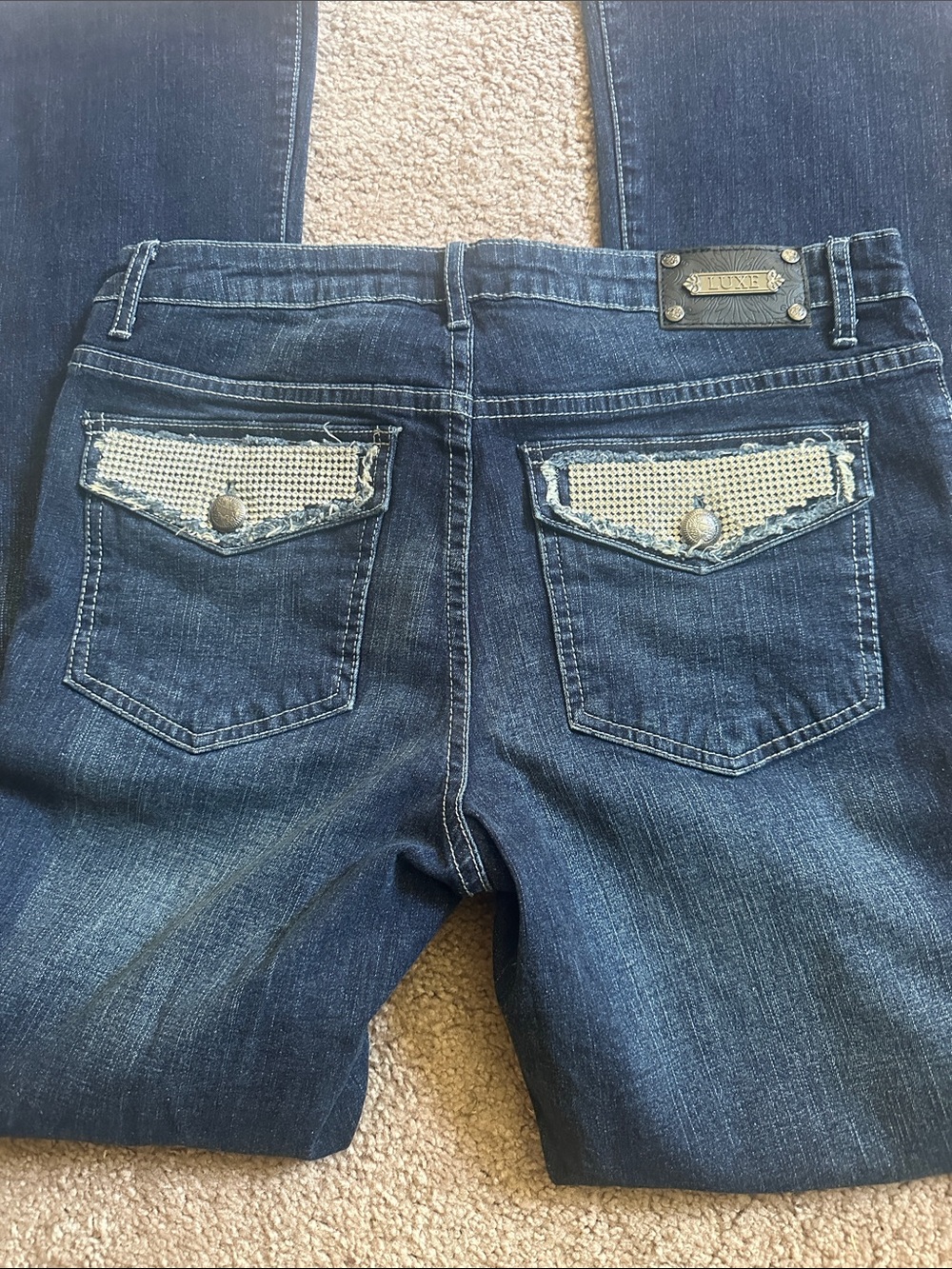 Tru Luxe Jeans Dark Blue Denim Jeans with Rhinestone Pocket Flaps